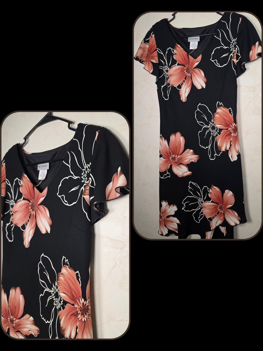 Vtg 90s Black Floral Layered Dress by Metaphor Flutter Sleeve womens size 10
